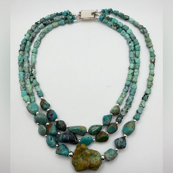 18"-22" Three strands of turquoise and 925 beaded necklace w/ VTG TAXCO clasp! - Picture 6 of 11